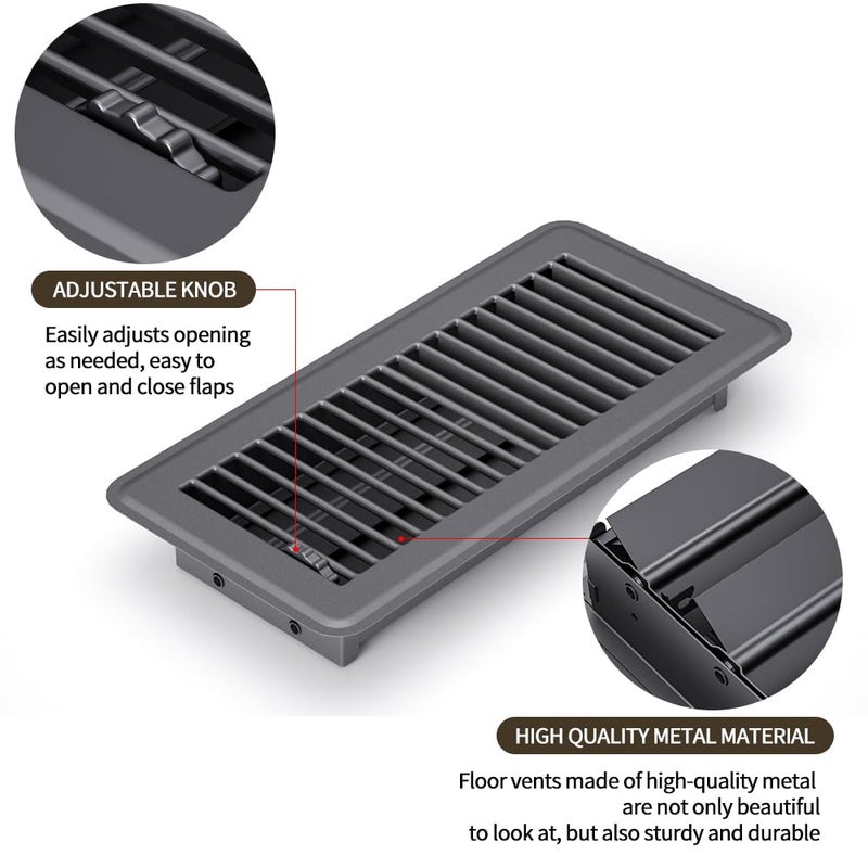 FanGoFast 4"" x 10"" (Duct Opening Size) Floor Register Dark Gray 6 Pack Premium Steel Easy Adjust Floor Vent Cover for Home - Image 4
